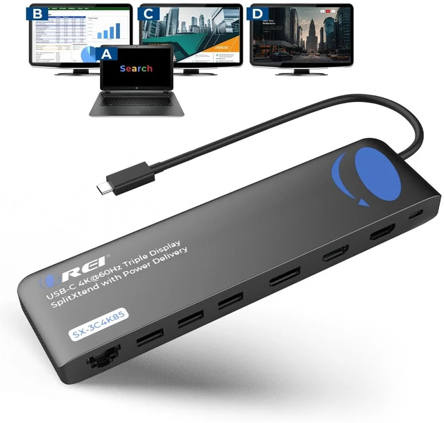 Main image of USB C Docking Station Triple Monitor & SplitXtend Laptop Dock, 4K@60Hz Laptop Docking Station with 3 Displays, 2 HDMI + DisplayPort, 100W PD, Ethernet, USB 3.0, USB-C Hub for Windows & Mac