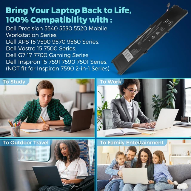 Alt view image 7 of 7 - 4K1VM Battery Replacement for Dell Inspiron 7500 7501 7700 Precision 5540 vostro 7500 g7 17 7700 XPS 15 9560 9570 7590 Precision 5520 5530 5540 Series W62W6 9TM7D XYCW0 NYD3W 97Wh