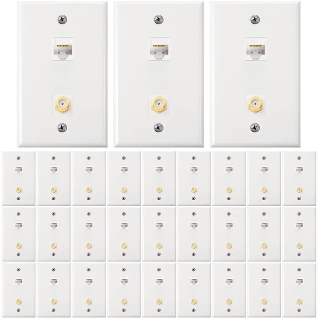 Main image of 30 Pieces Cat6 Ethernet Coax Wall Plate, F-Type Port, White 2 Port Keystone Jack Wall Plate, with Ethernet Port and Gold-plated TV Coax