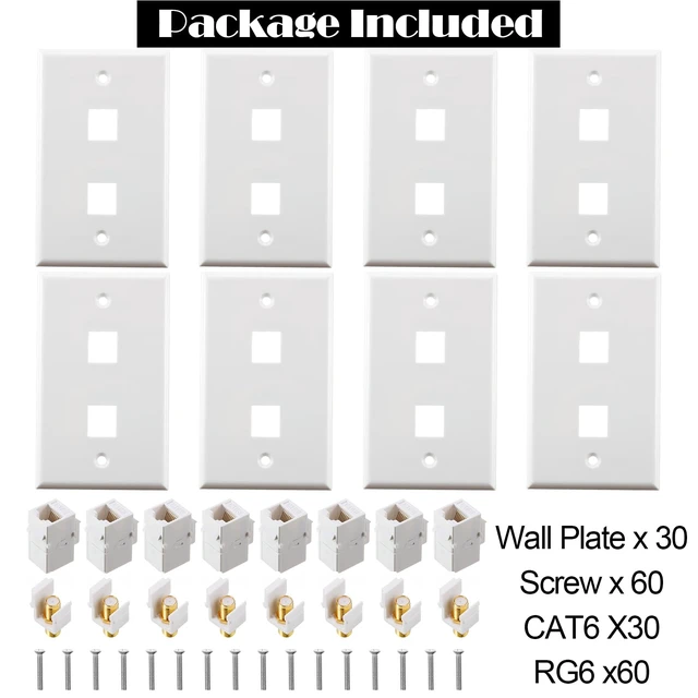 Alt view image 3 of 7 - 30 Pieces Cat6 Ethernet Coax Wall Plate, F-Type Port, White 2 Port Keystone Jack Wall Plate, with Ethernet Port and Gold-plated TV Coax