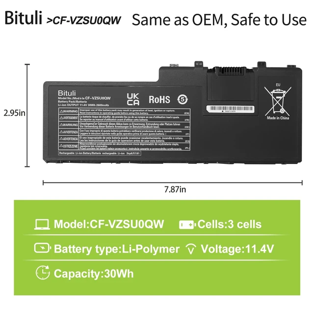 Alt view image 2 of 7 - CF-VZSU0QW CF-20 Replace Battery for Panasonic ToughBook Toughpad FZ-A2 Mk1 Tablet PC XP 11.4V 2600mAh 30Wh