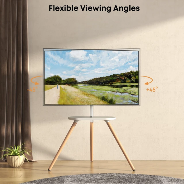 Alt view image 5 of 7 - Easel TV-Stand for 43-65 TVs - Portable, Swivel, Tripod, White Height Adjustable, Wooden Tray, Max VESA 400x400mm, for living room, corner TV mounting, Tripod TV stand