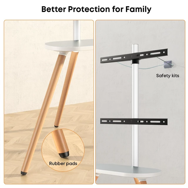Alt view image 7 of 7 - Easel TV-Stand for 43-65 TVs - Portable, Swivel, Tripod, White Height Adjustable, Wooden Tray, Max VESA 400x400mm, for living room, corner TV mounting, Tripod TV stand