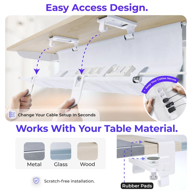 Alt view image 3 of 7 - Original Under Desk Cable Management Tray, White, 40.6" No Drill, Premium Fabric, Clamp/Screw Mount Cord Organizer, Supports Up to 66lbs, Large