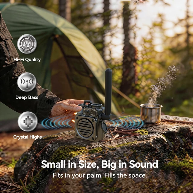 Alt view image 3 of 7 - Wild Mini 3.0 Rugged Portable Bluetooth Speaker with Retro FM Radio Phone Charger/15H Playtime/IPX5 Waterproof/3 Mode Flashlight, Outdoor Companion for Man Camping/Hiking/Travel
