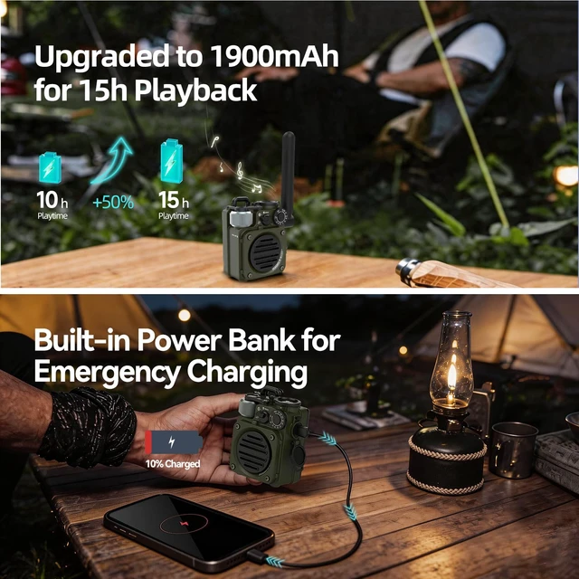 Alt view image 4 of 7 - Wild Mini 3.0 Rugged Portable Bluetooth Speaker with Retro FM Radio Phone Charger/15H Playtime/IPX5 Waterproof/3 Mode Flashlight, Outdoor Companion for Man Camping/Hiking/Travel