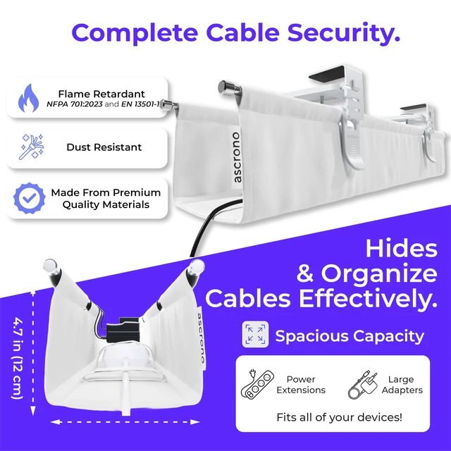 Alt view image 6 of 7 - Original Under Desk Cable Management Tray, White, 40.6" No Drill, Premium Fabric, Clamp/Screw Mount Cord Organizer, Supports Up to 66lbs, Large