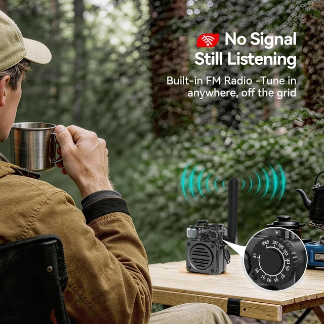 Alt view image 5 of 7 - Wild Mini 3.0 Rugged Portable Bluetooth Speaker with Retro FM Radio Phone Charger/15H Playtime/IPX5 Waterproof/3 Mode Flashlight, Outdoor Companion for Man Camping/Hiking/Travel