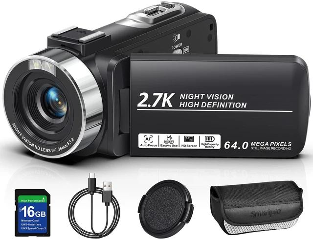 Main image of 2.7K 64MP Video Camera Camcorder IR Night Vision YouTube Vlogging Camera Webcam 16X Digital Zoom 270° Rotation Screen with 16G SD Card,Battery