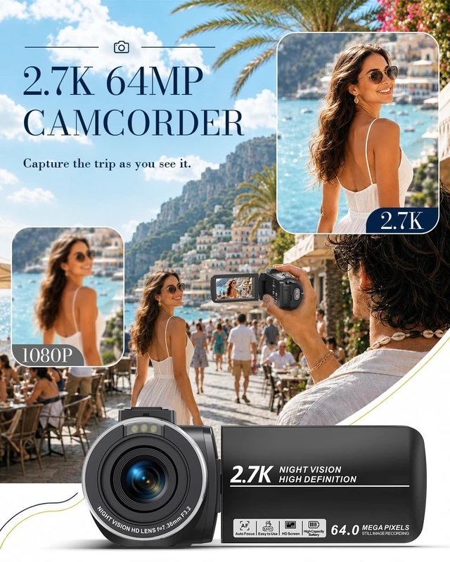 Alt view image 2 of 7 - 2.7K 64MP Video Camera Camcorder IR Night Vision YouTube Vlogging Camera Webcam 16X Digital Zoom 270° Rotation Screen with 16G SD Card,Battery