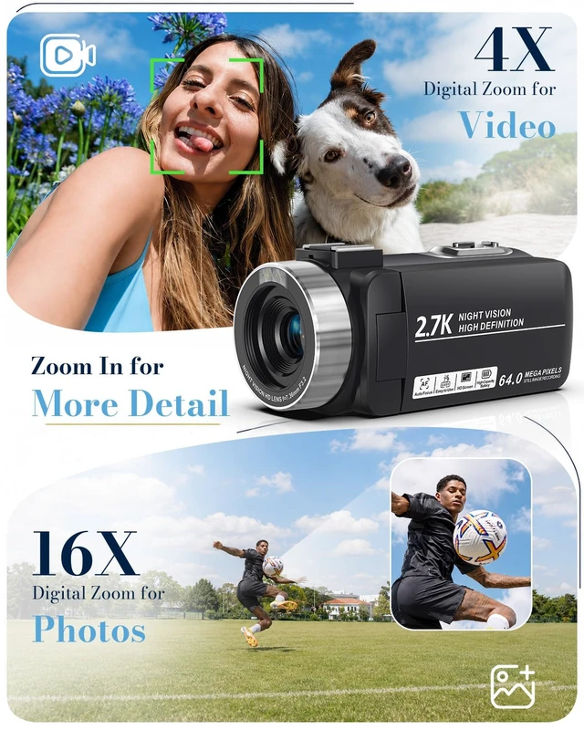 Alt view image 3 of 7 - 2.7K 64MP Video Camera Camcorder IR Night Vision YouTube Vlogging Camera Webcam 16X Digital Zoom 270° Rotation Screen with 16G SD Card,Battery