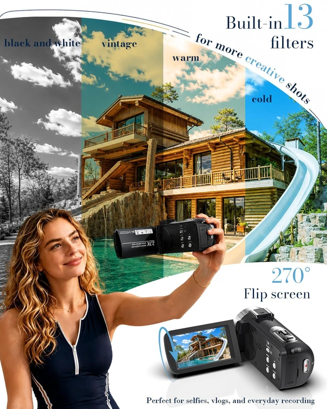Alt view image 5 of 7 - 2.7K 64MP Video Camera Camcorder IR Night Vision YouTube Vlogging Camera Webcam 16X Digital Zoom 270° Rotation Screen with 16G SD Card,Battery