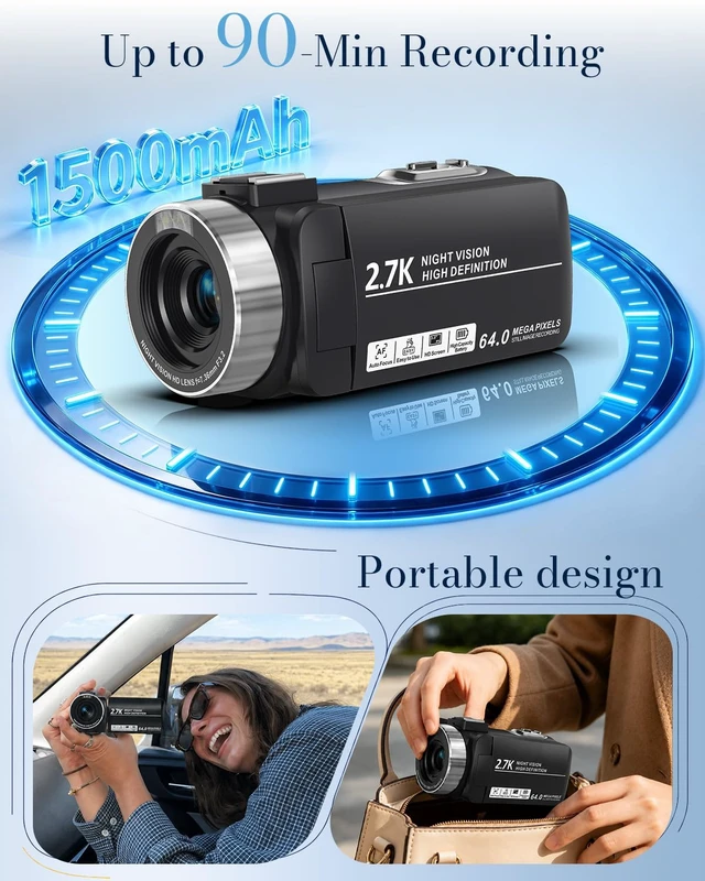 Alt view image 6 of 7 - 2.7K 64MP Video Camera Camcorder IR Night Vision YouTube Vlogging Camera Webcam 16X Digital Zoom 270° Rotation Screen with 16G SD Card,Battery