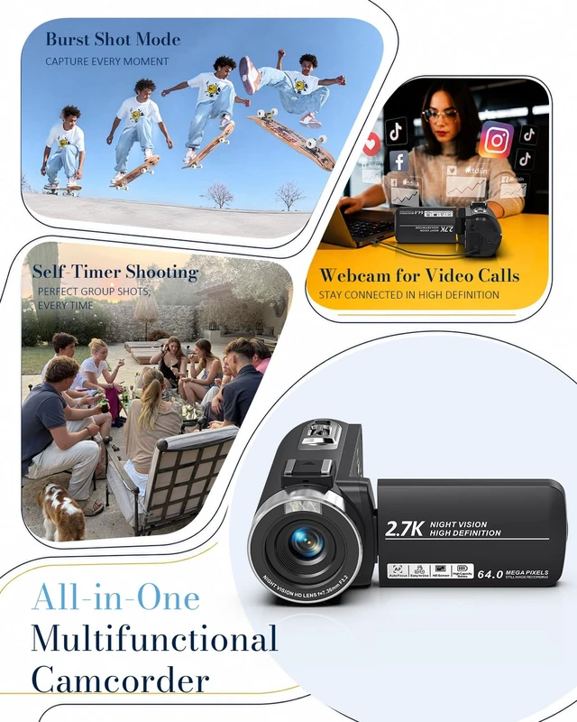 Alt view image 7 of 7 - 2.7K 64MP Video Camera Camcorder IR Night Vision YouTube Vlogging Camera Webcam 16X Digital Zoom 270° Rotation Screen with 16G SD Card,Battery