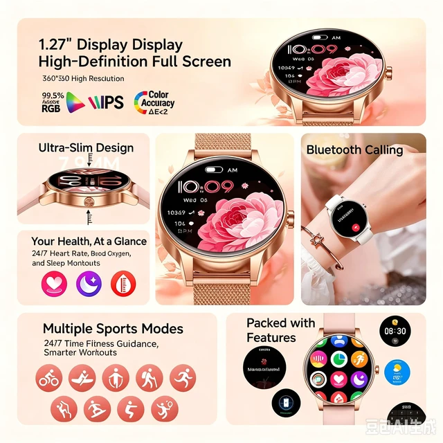 Alt view image 5 of 7 - Smart Watches for Women, 1.27" Fitness Watch for Android/iPhone, Two Bands