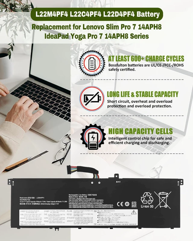 Alt view image 3 of 7 - 73Wh L22M4PF4 L22C4PF4 L22D4PF4 Battery Compatible with Lenovo Yoga Pro 7-14IRH8 7-14APH8 7-14ARP8 7-14IMH9 / Slim Pro 7-14APH8 7-14ARP8 Series4705mAh 15.52VShort Cable