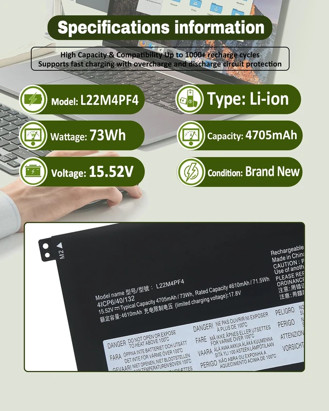Alt view image 4 of 7 - 73Wh L22M4PF4 L22C4PF4 L22D4PF4 Battery Compatible with Lenovo Yoga Pro 7-14IRH8 7-14APH8 7-14ARP8 7-14IMH9 / Slim Pro 7-14APH8 7-14ARP8 Series4705mAh 15.52VShort Cable