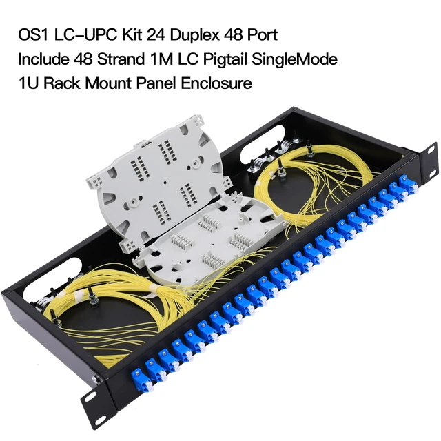 Alt view image 2 of 7 - 24 Duplex 48 Port LC-OS1 Rack Mount Enclosure Box Fiber SingleMode LC-UPC Kit Fits 19" Racks Cabinet (Include 2Pcs Splice Trays 48 Strand Pigtail 1M Cables Spool+24 Core LGX Loaded Patch Panel