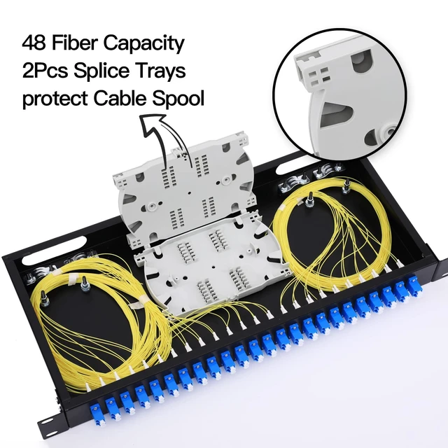 Alt view image 5 of 7 - 24 Duplex 48 Port LC-OS1 Rack Mount Enclosure Box Fiber SingleMode LC-UPC Kit Fits 19" Racks Cabinet (Include 2Pcs Splice Trays 48 Strand Pigtail 1M Cables Spool+24 Core LGX Loaded Patch Panel