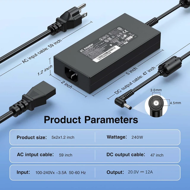 Alt view image 2 of 7 - 240W Laptop Charger Compatible with MSI Katana 15 17 B12V B13V B14V For GF66 GF76 Pulse GL66 GL76 Sword 15 17 Delta 15 CreatorPro M16 Power Adapter Fits Delta ADP-240EB D Chicony A20-240P2A