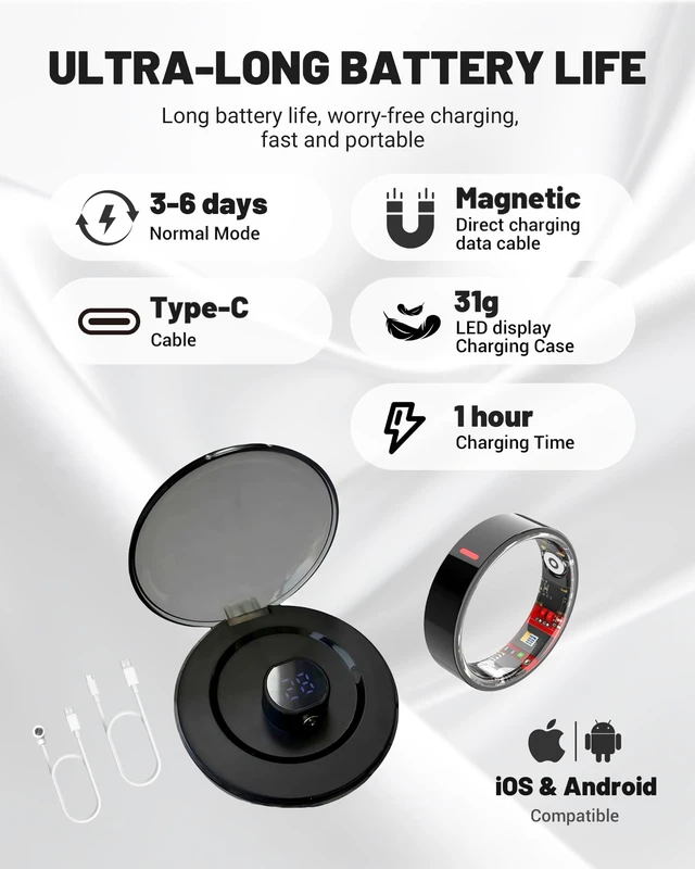 Alt view image 3 of 7 - smart Ring with Charge Case Health Tracker for Men Women, Sleep Stress Exercise Health Monitoring, IP68 Waterproof, Long Battery Life, No Subscription, iOS Android Compatible, Black, 11#