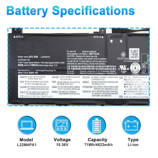 Alt view image 2 of 7 - L22M4PA1 L22C4PA1 Laptop Battery for Lenovo Yoga 7 14IRL8 14ARP8 16IRL8 16ARP8 Yoga 7 2-in-1 14IML9 14AHP9 16IML9 16AHP9 Series L22D4PA1 SB11K38965 5B11K38968 SB11N45990 15.36V 71Wh 4623mAh