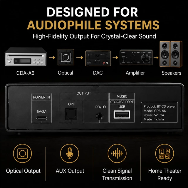 Alt view image 5 of 7 - Portable CD Player for Home, CD Ripper, Desk Audio CD Players, CD Player for Soundbar, with Optical and AUX 3.5mm Output