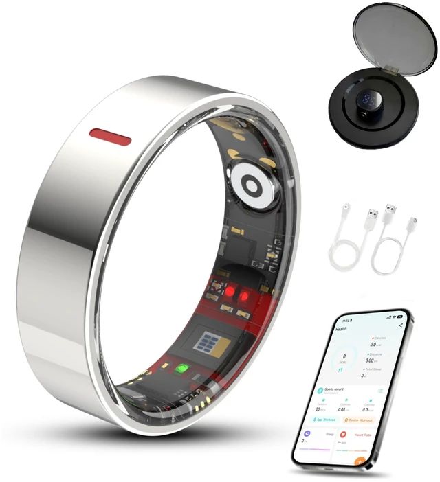 Main image of smart ring with Charge Case Smart Ring Health Tracker for Men Women, Sleep Stress Exercise Health Monitoring, IP68 Waterproof, Long Battery Life, No Subscription, iOS Android Compatible, Silver, 7#