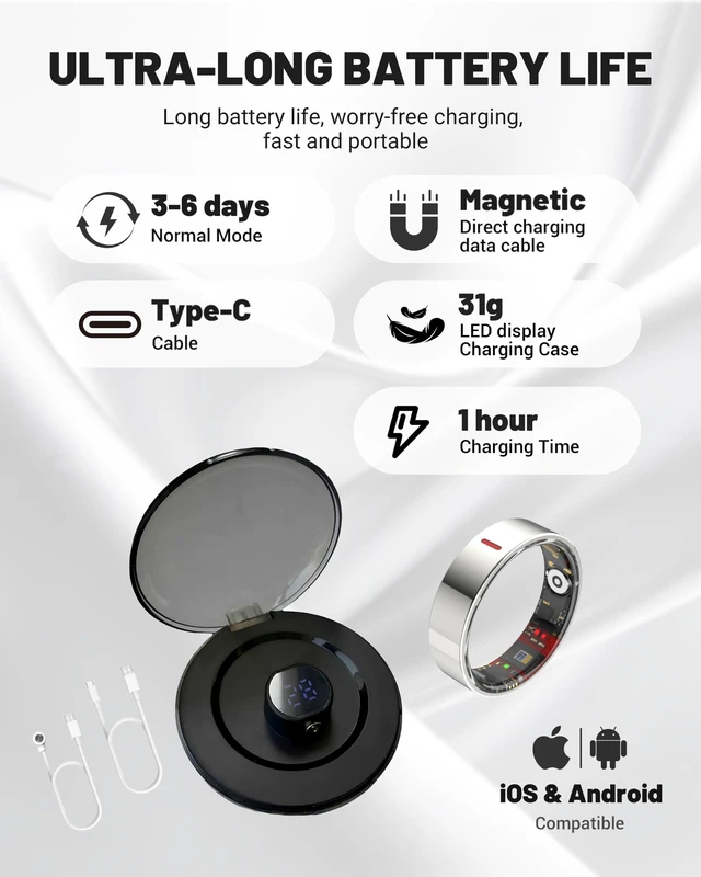 Alt view image 3 of 7 - smart ring with Charge Case Smart Ring Health Tracker for Men Women, Sleep Stress Exercise Health Monitoring, IP68 Waterproof, Long Battery Life, No Subscription, iOS Android Compatible, Silver, 7#