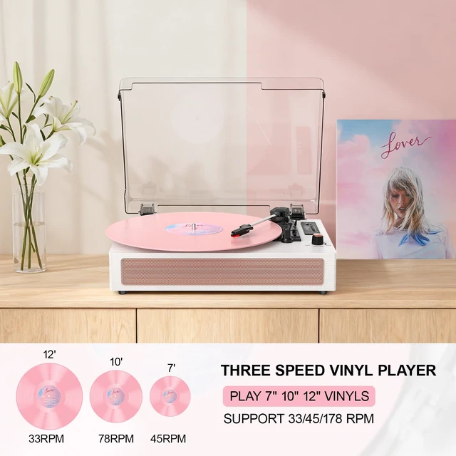 Alt view image 2 of 7 - Vinyl Record Player with Speakers, Bluetooth Turntable with EQ Mode and LED Display, Pink Vintage Record Player, 3-Speed Turntable for Vinyl Records, USB Recording, AUX Input, RCA Output