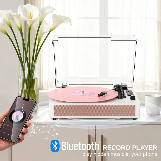 Alt view image 3 of 7 - Vinyl Record Player with Speakers, Bluetooth Turntable with EQ Mode and LED Display, Pink Vintage Record Player, 3-Speed Turntable for Vinyl Records, USB Recording, AUX Input, RCA Output