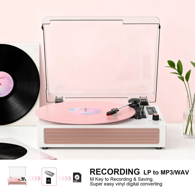 Alt view image 4 of 7 - Vinyl Record Player with Speakers, Bluetooth Turntable with EQ Mode and LED Display, Pink Vintage Record Player, 3-Speed Turntable for Vinyl Records, USB Recording, AUX Input, RCA Output