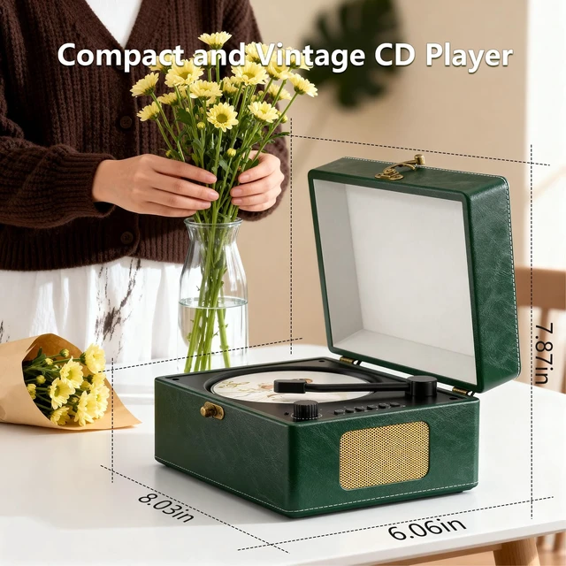 Alt view image 4 of 7 - Retro CD Player with Bluetooth in&Out Portable Music Player for Relaxing Anywhere,Auto Power Off,USB,AUX,Headphone Jack,Vintage CD Player for Music Lovers,Birthday Gifts for Women/Men-Green