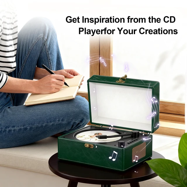 Alt view image 7 of 7 - Retro CD Player with Bluetooth in&Out Portable Music Player for Relaxing Anywhere,Auto Power Off,USB,AUX,Headphone Jack,Vintage CD Player for Music Lovers,Birthday Gifts for Women/Men-Green