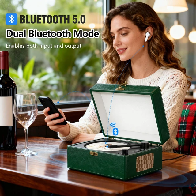 Alt view image 2 of 7 - Retro CD Player with Bluetooth in&Out Portable Music Player for Relaxing Anywhere,Auto Power Off,USB,AUX,Headphone Jack,Vintage CD Player for Music Lovers,Birthday Gifts for Women/Men-Green