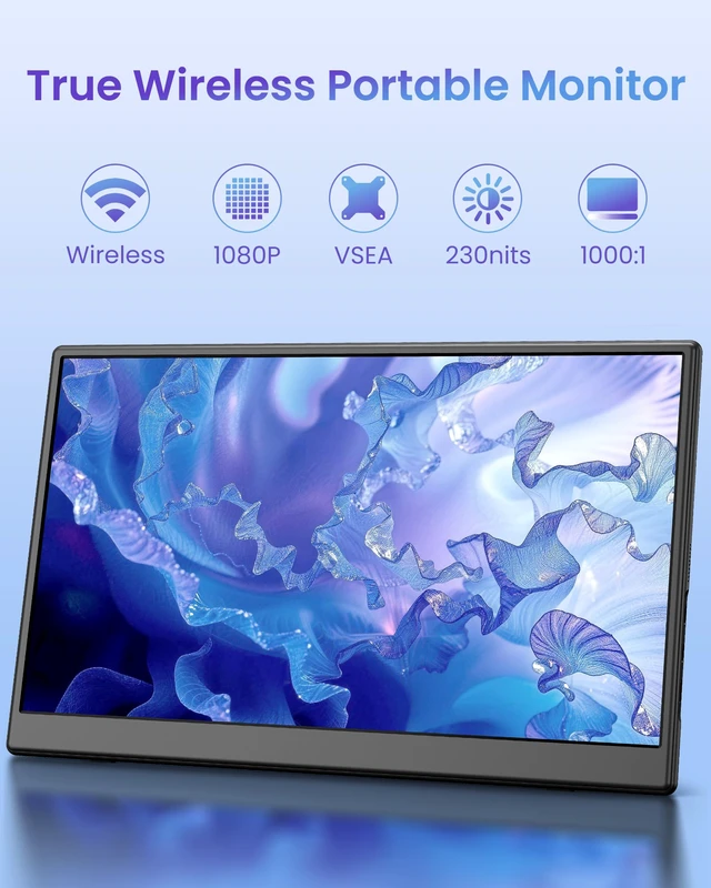 Alt view image 2 of 6 - 15.6 inch Wireless Portable Monitor for Laptop Support AirPlay Miracast FHD 1080P IPS Display,USB-C & HDMI,G-Sensor Auto-Rotate,Plug & Play,Travel Monitor Compatible with PC,Phone,PS4/5,Xbox,Switch