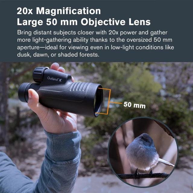 Alt view image 3 of 7 - Outland X 20x50 Monocular Includes Smartphone Adapter and Tripod Large 50mm Objective Lens Multi-Coated Optics BaK-4 Prism Waterproof & Fogproof Belt Case Included