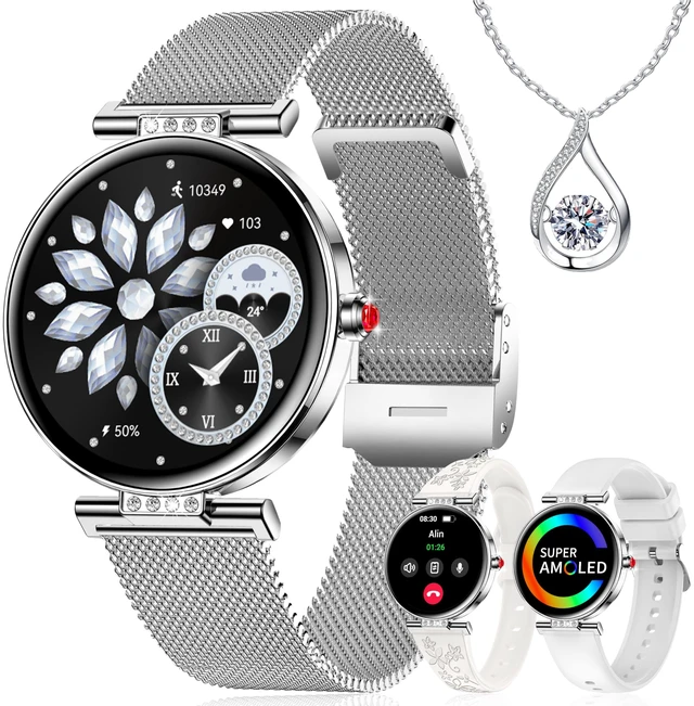 Main image of Smart Watch for Women (3 Bands) 1.19 AMOLED Bluetooth Call Fitness Tracker Compatible Android/iPhone Smartwatch with Step/Heart Rate/SpO2/Sleep Monitor, 120+ Sports Mode DIY Dial, Silver/Gift Womens