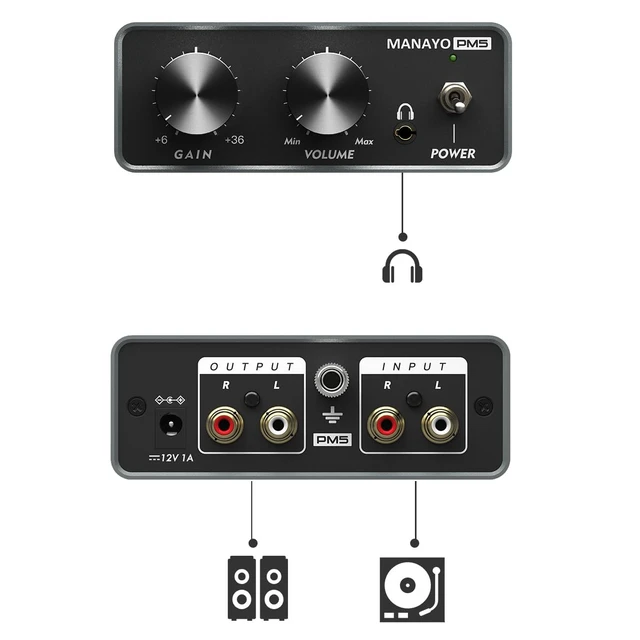 Alt view image 4 of 5 - MM Phono Preamp with Adjustable Gain for Vinyl Record Players Metal preamp connects MM record players to speakers or headphones for adjustable private listening