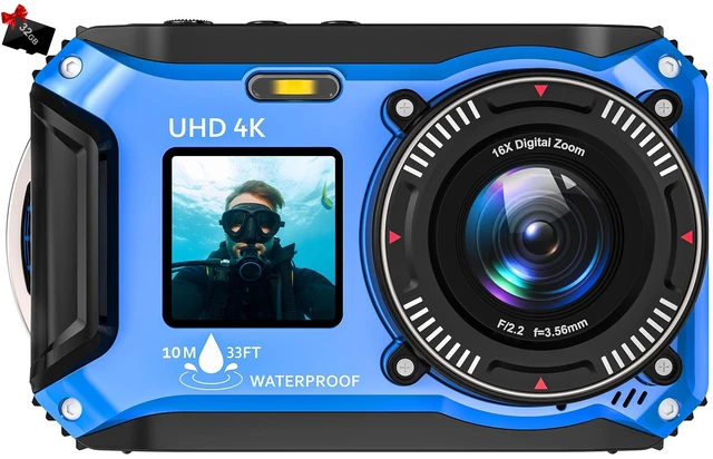 Main image of 4K Underwater Camera 64MP 33FT Waterproof, 32GB Card Dual-Screen Dustproof Suitable for Snorkeling, Vacation, UHD Autofocus Point-and-Shoot, Compact, Floatable, 1500mAh Battery, Type-C, Blue