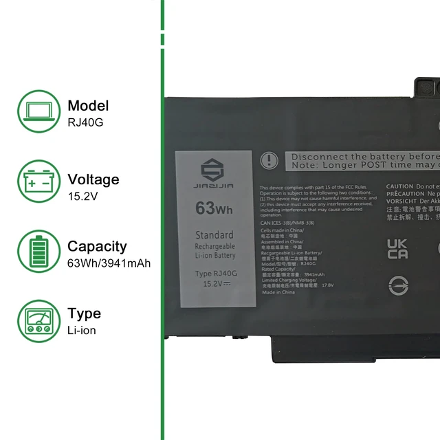Alt view image 2 of 6 - RJ40G CPX-M033W 63Wh Laptop Battery Replacement for Dell Latitude 5420 5520 Precision 3560 Series Notebook 01K2CF 075X16 WY9DX 0WK3F1 0M3KCN M033W Black 15.2V 3941mAh