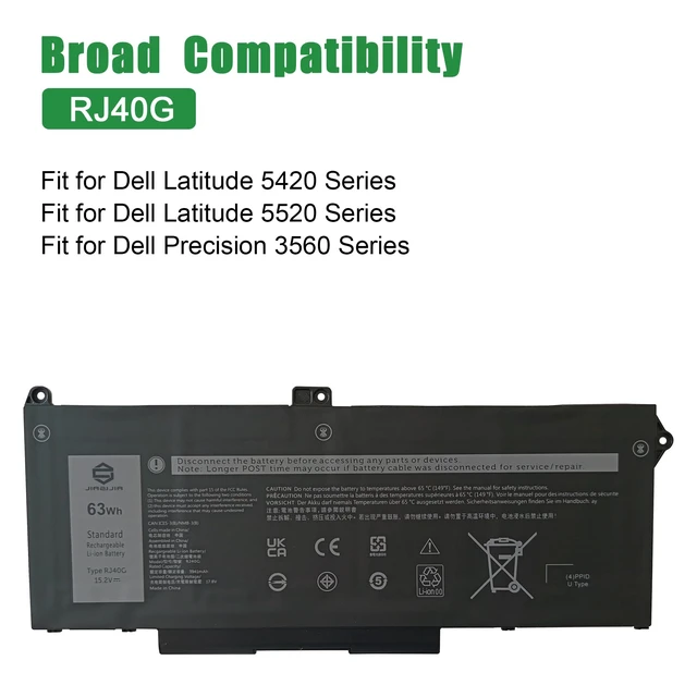 Alt view image 5 of 6 - RJ40G CPX-M033W 63Wh Laptop Battery Replacement for Dell Latitude 5420 5520 Precision 3560 Series Notebook 01K2CF 075X16 WY9DX 0WK3F1 0M3KCN M033W Black 15.2V 3941mAh