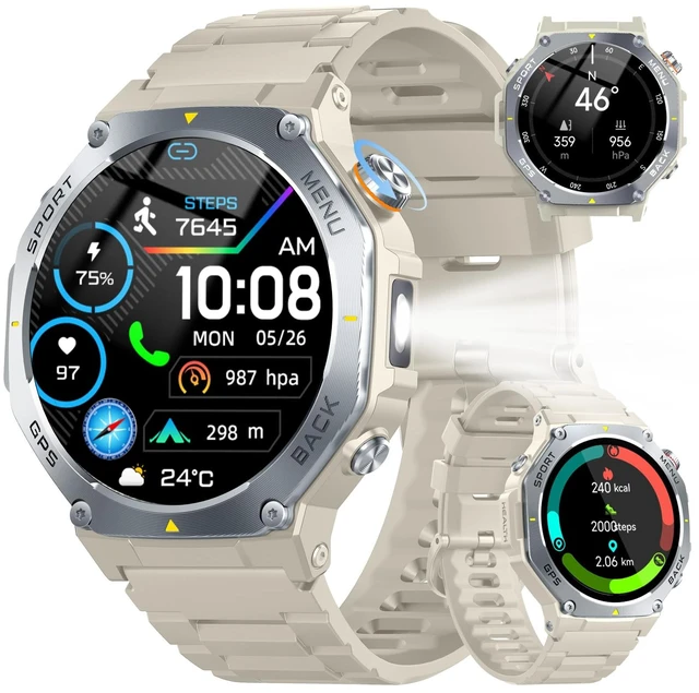 Main image of Smart Watch for Men, 1.43" AMOLED Military Smart Watch Make Calls, Khaki GPS/Torch/Compass/Altitude/Heart Rate/Health Monitor/Blood Oxygen, 5ATM Waterproof, 160+ Sports Smartwatches for iOS Android