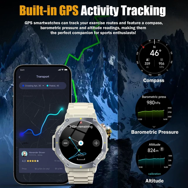 Alt view image 3 of 7 - Smart Watch for Men, 1.43" AMOLED Military Smart Watch Make Calls, Khaki GPS/Torch/Compass/Altitude/Heart Rate/Health Monitor/Blood Oxygen, 5ATM Waterproof, 160+ Sports Smartwatches for iOS Android