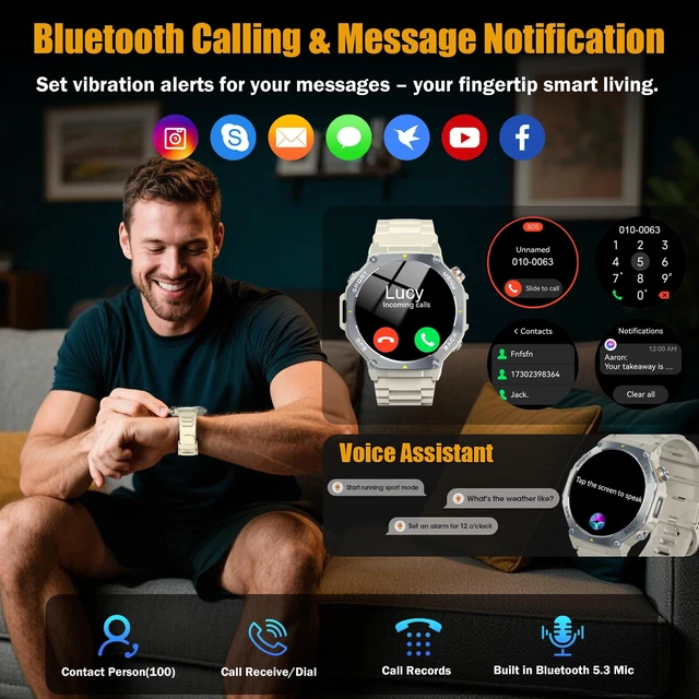 Alt view image 4 of 7 - Smart Watch for Men, 1.43" AMOLED Military Smart Watch Make Calls, Khaki GPS/Torch/Compass/Altitude/Heart Rate/Health Monitor/Blood Oxygen, 5ATM Waterproof, 160+ Sports Smartwatches for iOS Android