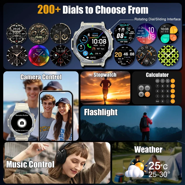 Alt view image 5 of 7 - Smart Watch for Men, 1.43" AMOLED Military Smart Watch Make Calls, Khaki GPS/Torch/Compass/Altitude/Heart Rate/Health Monitor/Blood Oxygen, 5ATM Waterproof, 160+ Sports Smartwatches for iOS Android