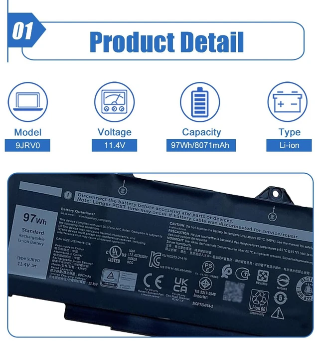 Alt view image 2 of 7 - 9JRV0 97Wh Battery Replacement for Dell Latitude 5521 5531 Precision 3561 3571 3581 Alienware m17 R5 AMD m18 R1 R2 m18 R1 AMD Series Laptop 0P3TJ 0R05P0 05RGW