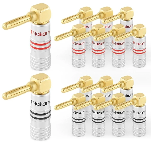 Main image of GrubLock 24k Gold Plated Right Angle Banana Plugs, 10-18 AWG Excel Series, Gauge Size 4mm for Speakers Amplifier Hi-Fi AV Stereo Audio Wire Cable Screw Connector, 16 Pcs (8-Pairs)