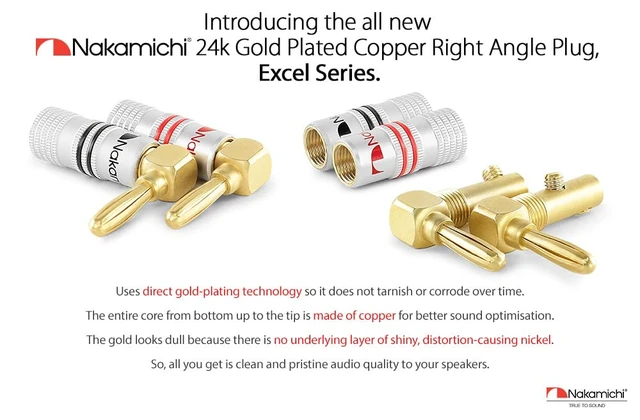 Alt view image 2 of 7 - GrubLock 24k Gold Plated Right Angle Banana Plugs, 10-18 AWG Excel Series, Gauge Size 4mm for Speakers Amplifier Hi-Fi AV Stereo Audio Wire Cable Screw Connector, 16 Pcs (8-Pairs)