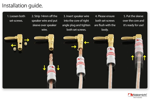 Alt view image 5 of 7 - GrubLock 24k Gold Plated Right Angle Banana Plugs, 10-18 AWG Excel Series, Gauge Size 4mm for Speakers Amplifier Hi-Fi AV Stereo Audio Wire Cable Screw Connector, 16 Pcs (8-Pairs)